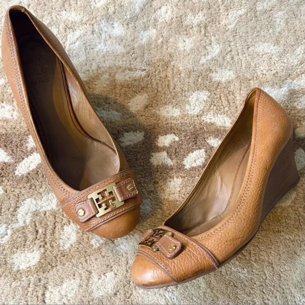 Tory Burch Cognac Leather Wedge Pumps with Gold Logo Accent
